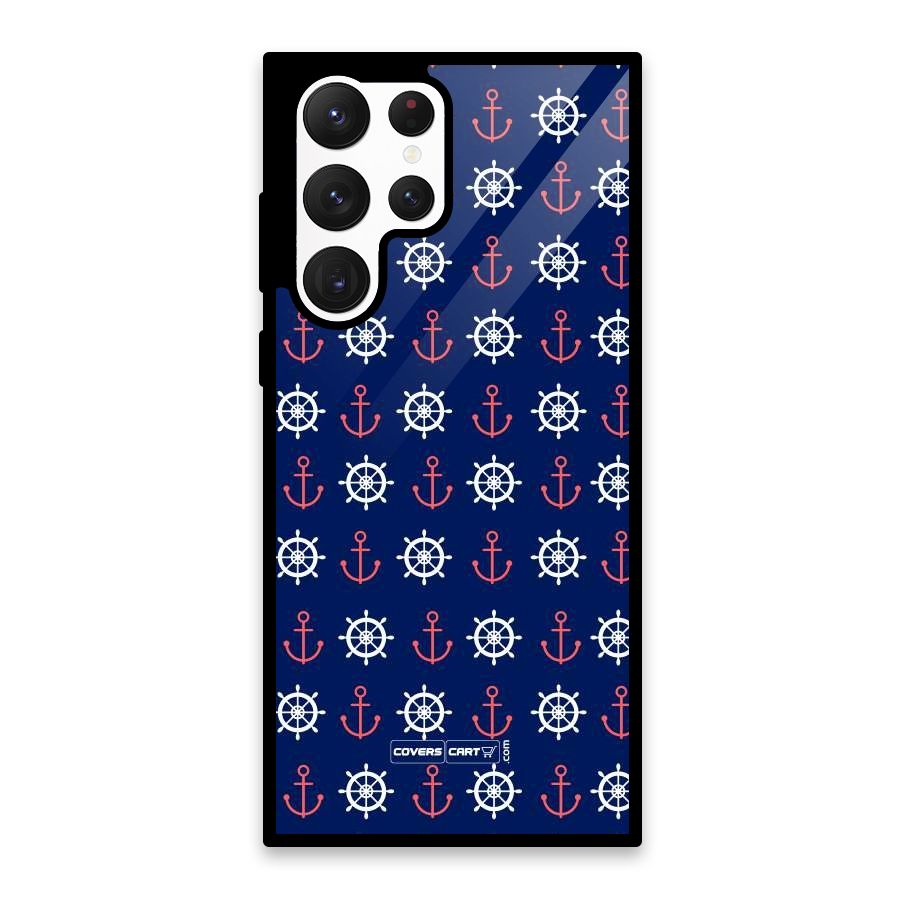 Anchor Pattern Blue Glass Back Case for Galaxy S22 Ultra 5G