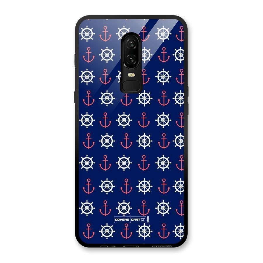 Anchor Pattern Blue Glass Back Case for OnePlus 6