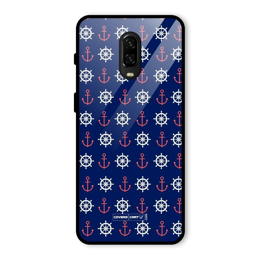 Anchor Pattern Blue Glass Back Case for OnePlus 6T