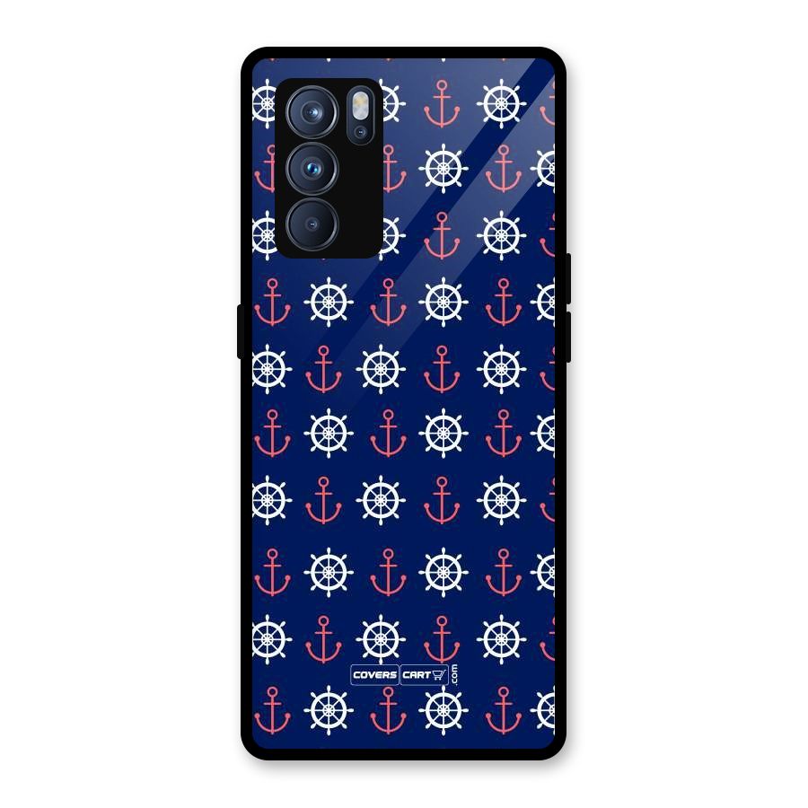 Anchor Pattern Blue Glass Back Case for Oppo Reno6 Pro 5G