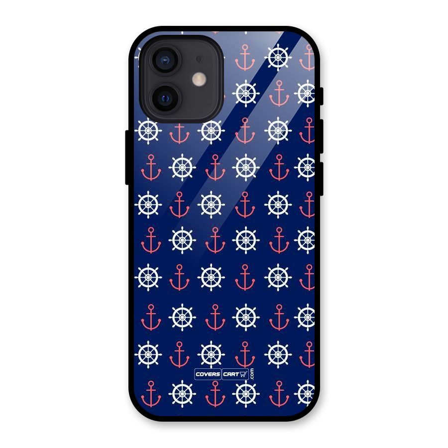 Anchor Pattern Blue Glass Back Case for iPhone 12