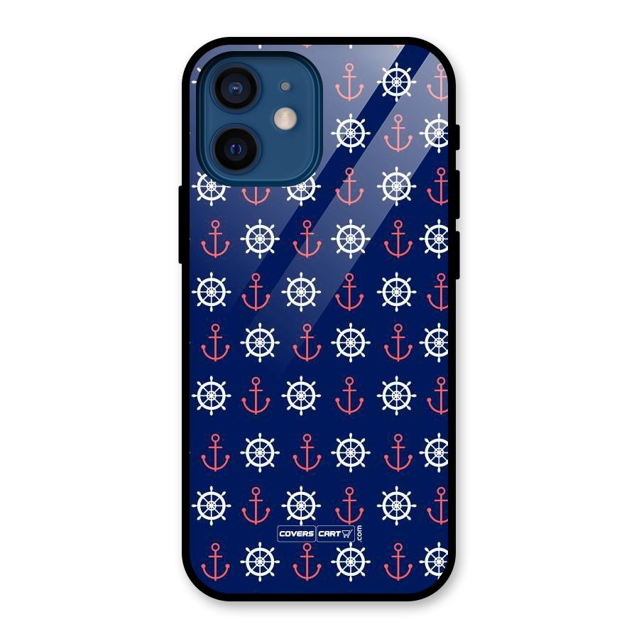 Anchor Pattern Blue Glass Back Case for iPhone 12 Mini