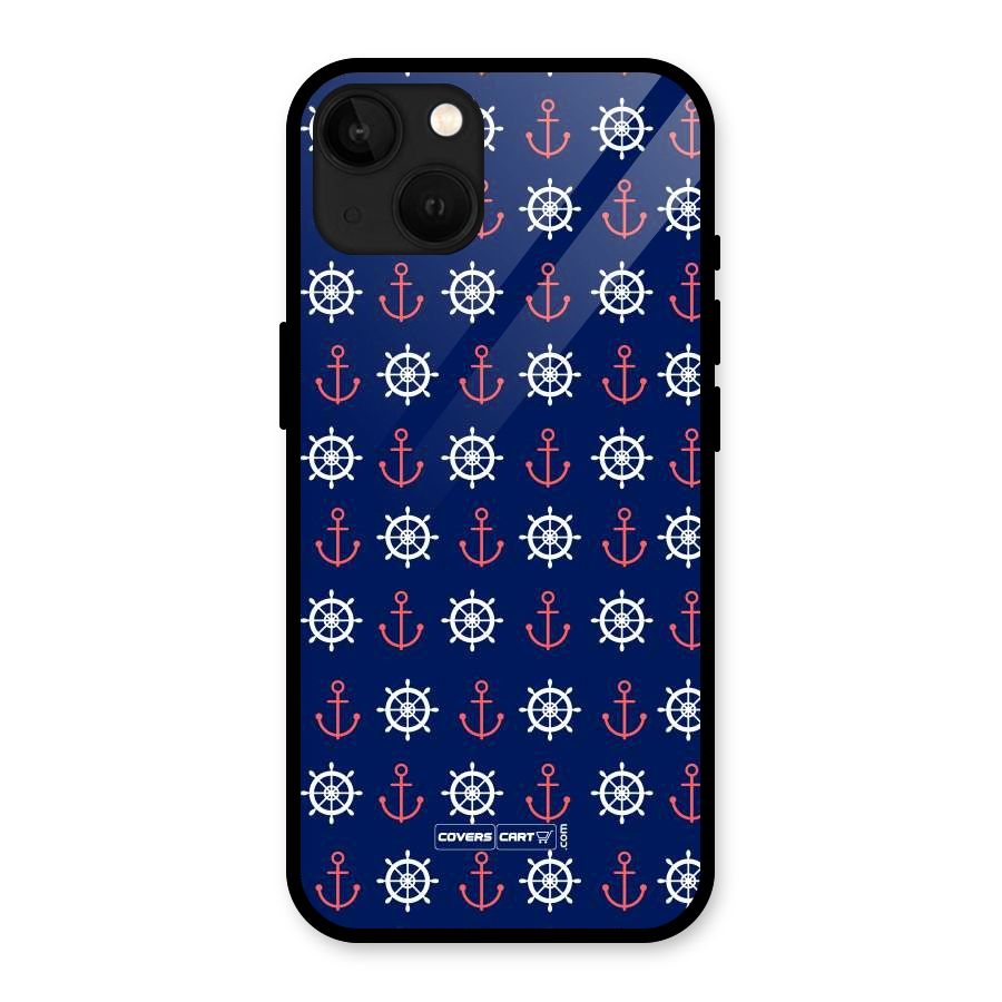 Anchor Pattern Blue Glass Back Case for iPhone 13