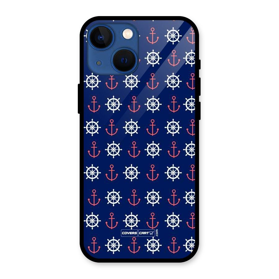Anchor Pattern Blue Glass Back Case for iPhone 13 Mini