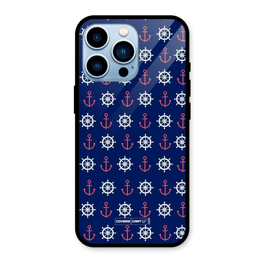 Anchor Pattern Blue Glass Back Case for iPhone 13 Pro