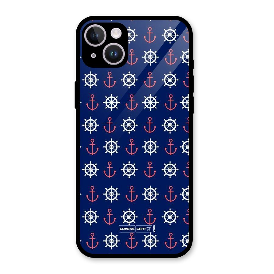 Anchor Pattern Blue Glass Back Case for iPhone 14 Plus