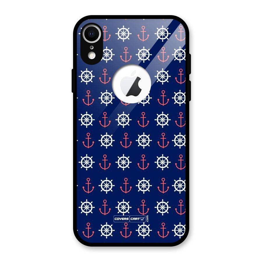 Anchor Pattern Blue Glass Back Case for iPhone XR Logo Cut