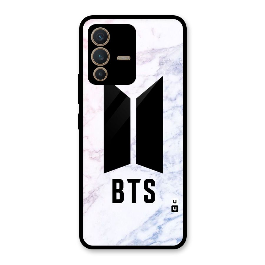 BTS Logo Marble Print Glass Back Case for Vivo V23 5G