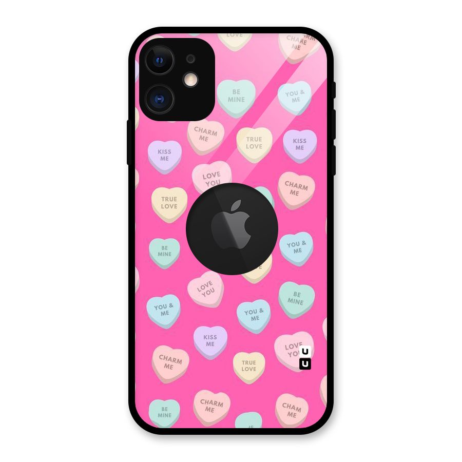 Be Mine Hearts Pattern Glass Back Case for iPhone 11 Logo Cut