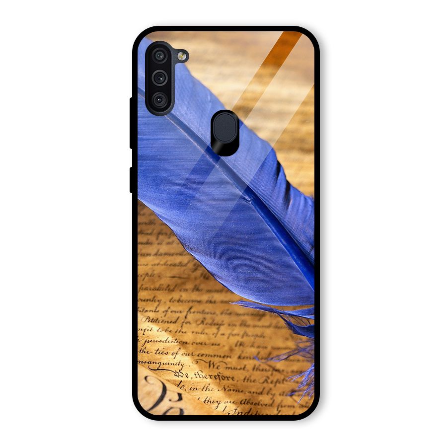 Beautiful Blue Feather Glass Back Case for Galaxy M11