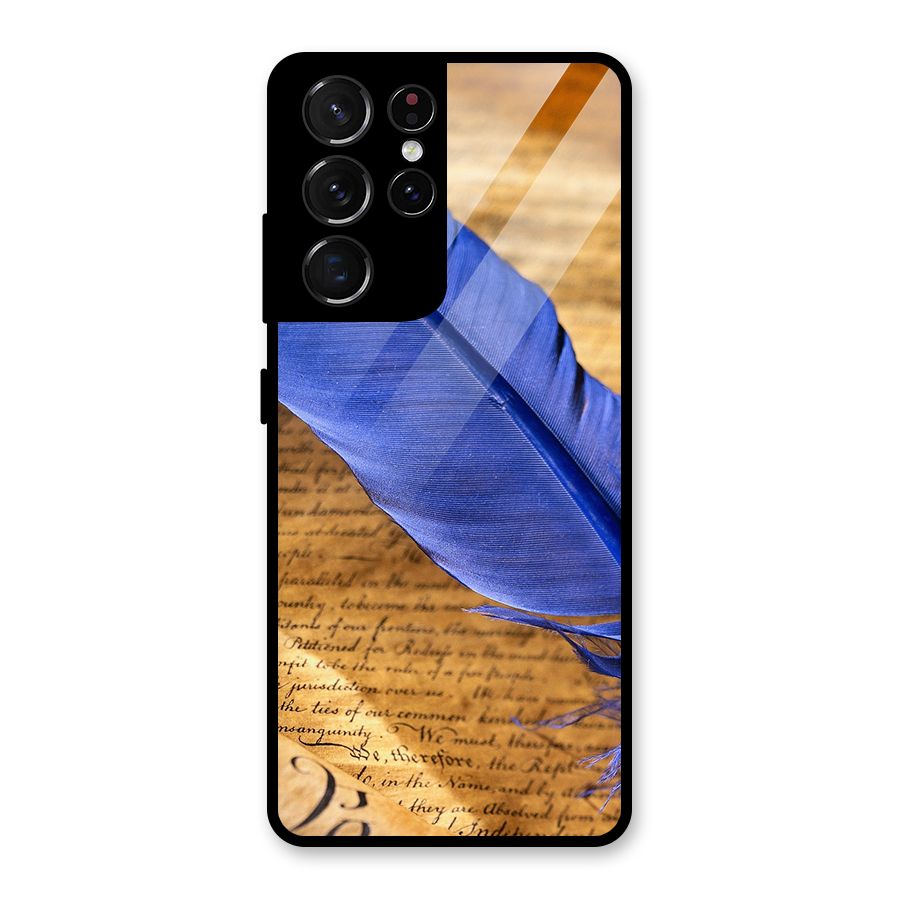 Beautiful Blue Feather Glass Back Case for Galaxy S21 Ultra 5G
