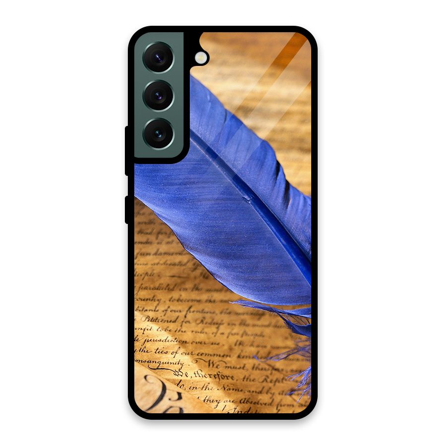Beautiful Blue Feather Glass Back Case for Galaxy S22 5G