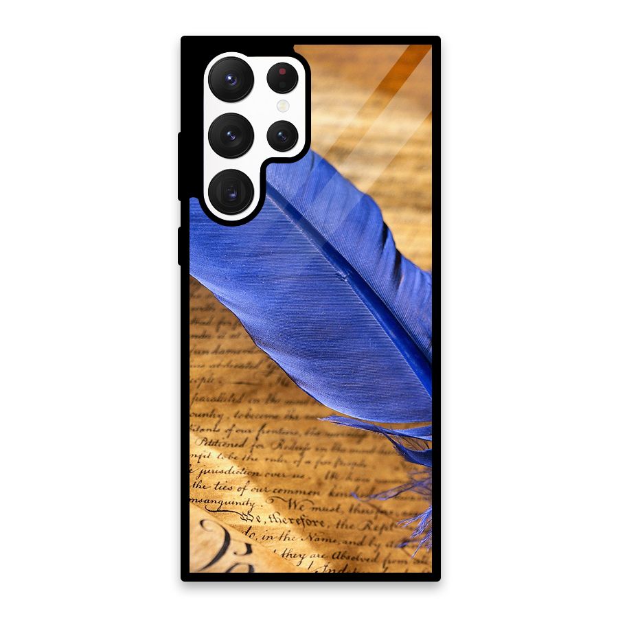 Beautiful Blue Feather Glass Back Case for Galaxy S22 Ultra 5G