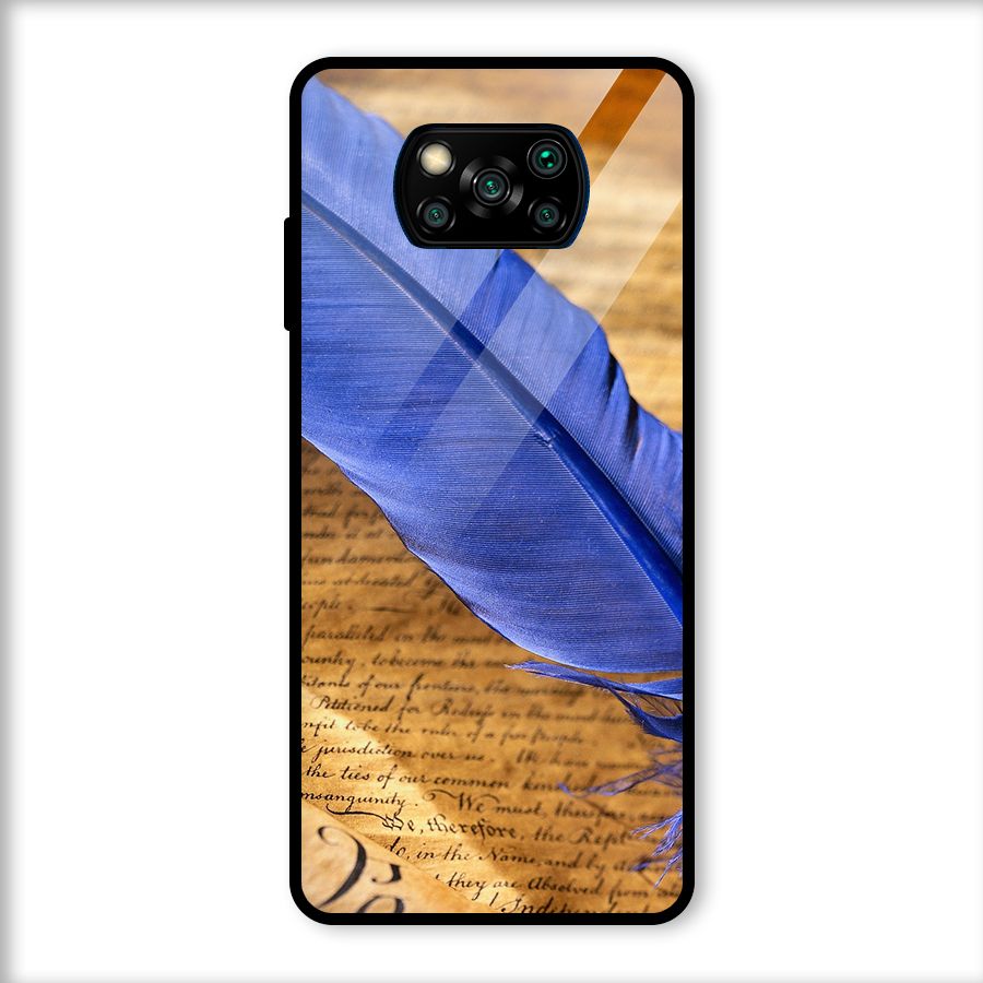 Beautiful Blue Feather Glass Back Case for Poco X3