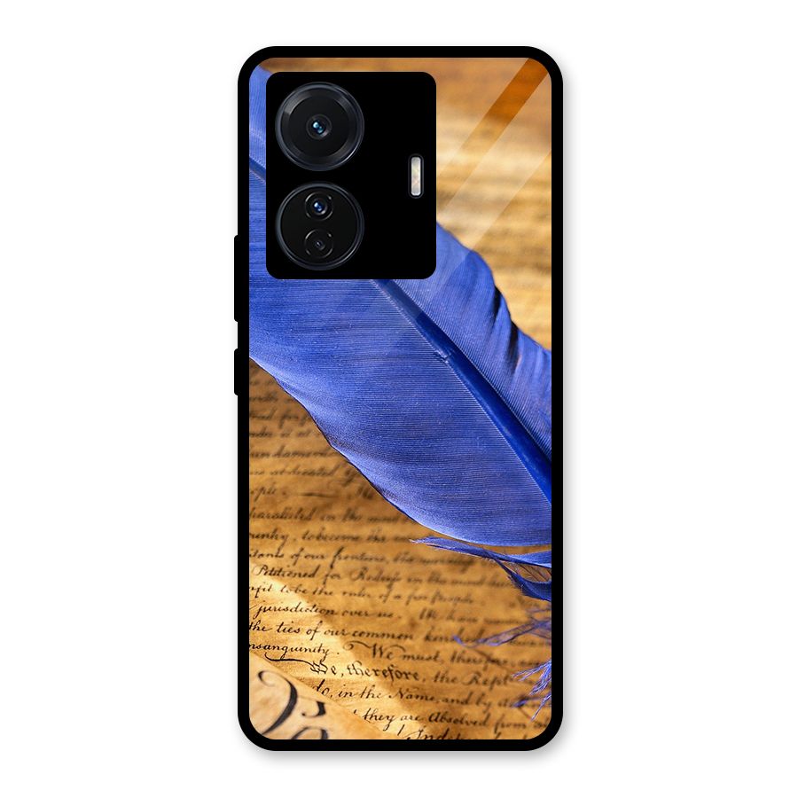 Beautiful Blue Feather Glass Back Case for Vivo T1 Pro