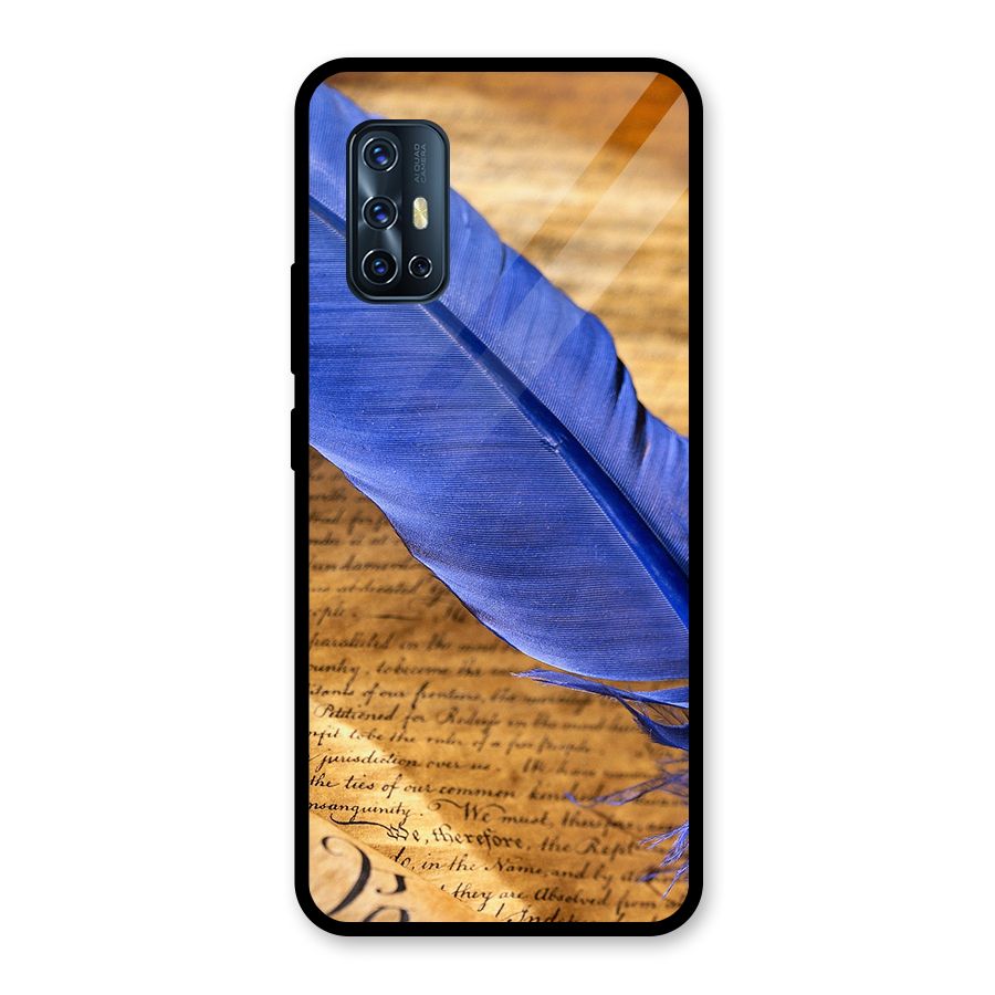 Beautiful Blue Feather Glass Back Case for Vivo V17
