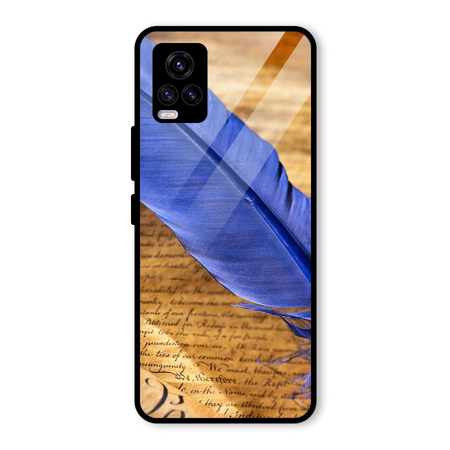 Beautiful Blue Feather Glass Back Case for Vivo V20
