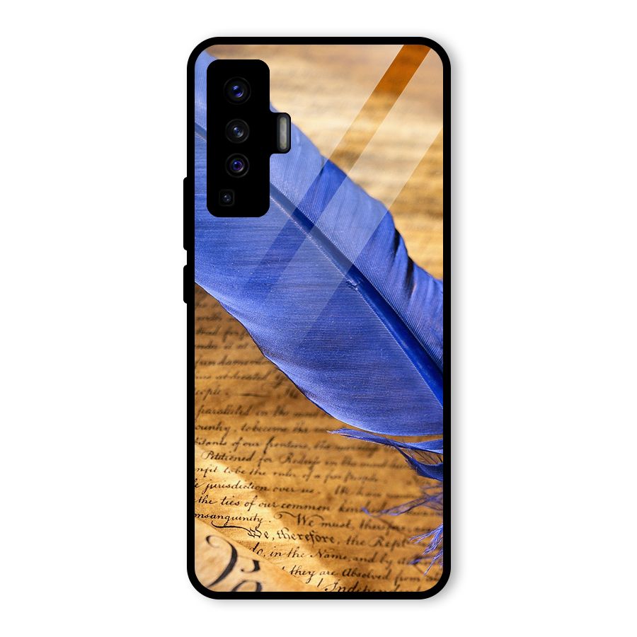 Beautiful Blue Feather Glass Back Case for Vivo X50