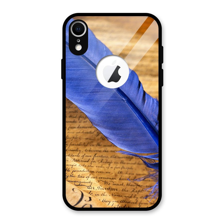 Beautiful Blue Feather Glass Back Case for iPhone XR Logo Cut