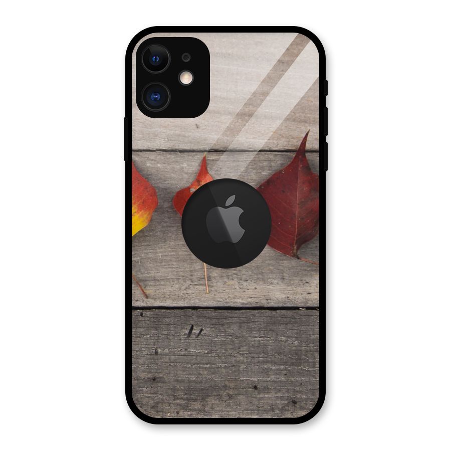 Beautiful Wood Leafs Glass Back Case for iPhone 11 Logo Cut