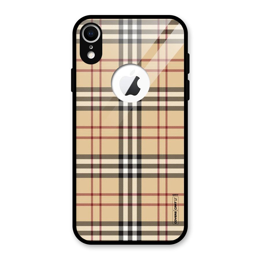 Beige Check Glass Back Case for iPhone XR Logo Cut