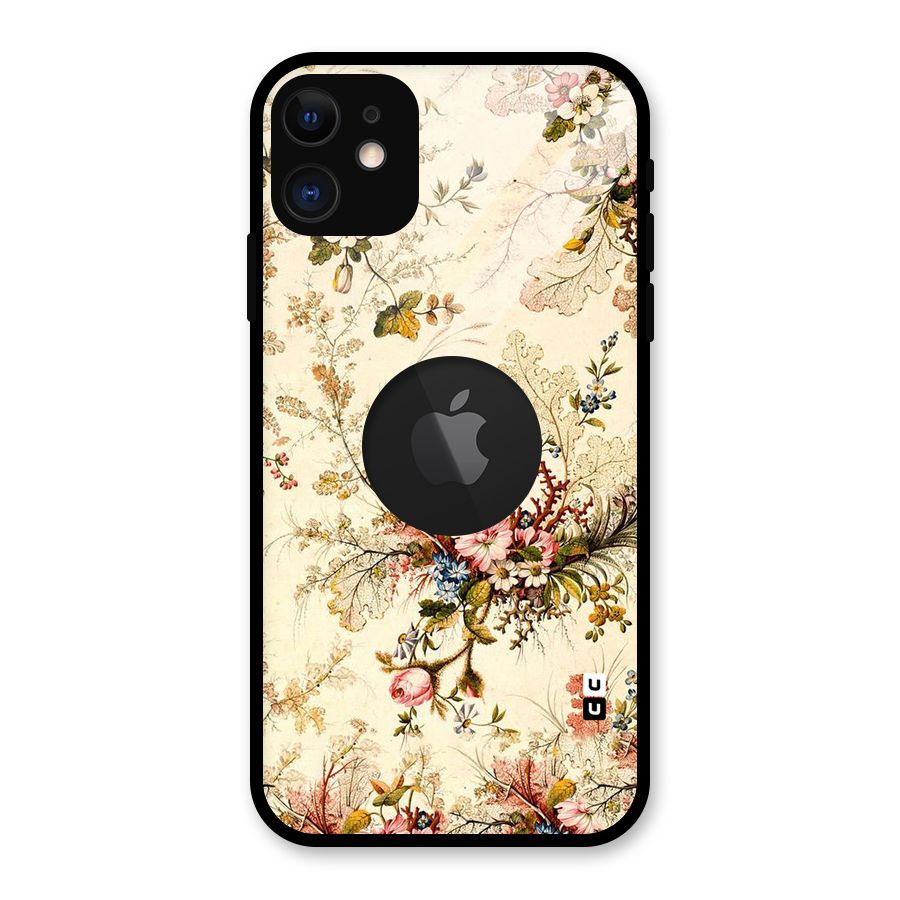 Beige Floral Glass Back Case for iPhone 11 Logo Cut