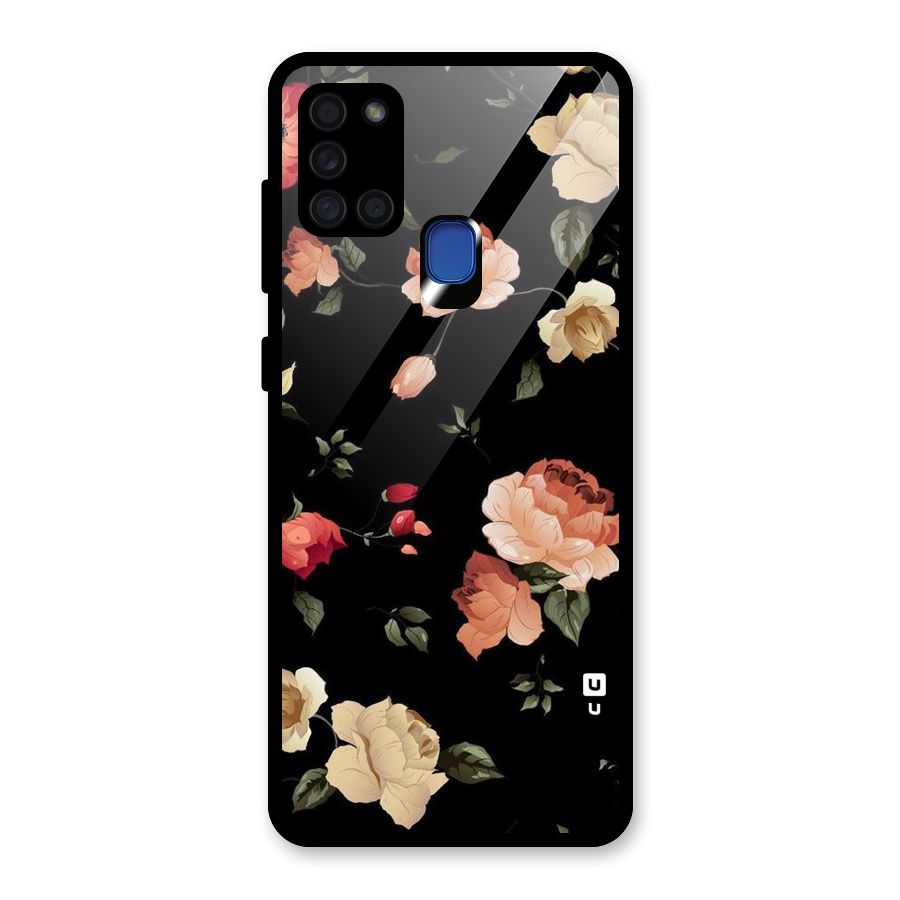Black Artistic Floral Glass Back Case for Galaxy A21s