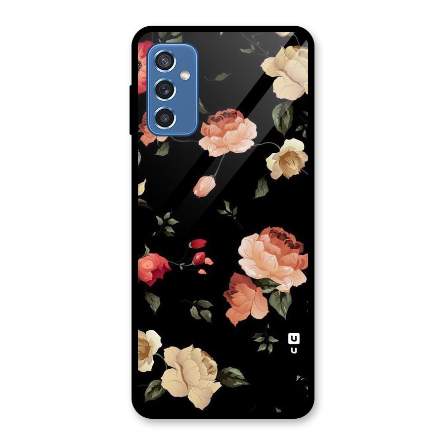 Black Artistic Floral Glass Back Case for Galaxy M52 5G