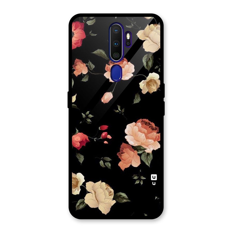 Black Artistic Floral Glass Back Case for Oppo A9 (2020)