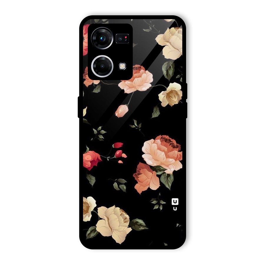 Black Artistic Floral Glass Back Case for Oppo F21 Pro 4G