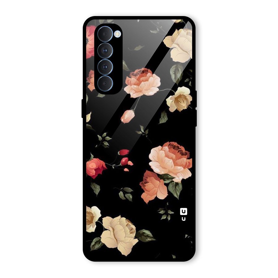 Black Artistic Floral Glass Back Case for Oppo Reno4 Pro