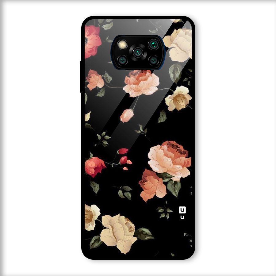 Black Artistic Floral Glass Back Case for Poco X3