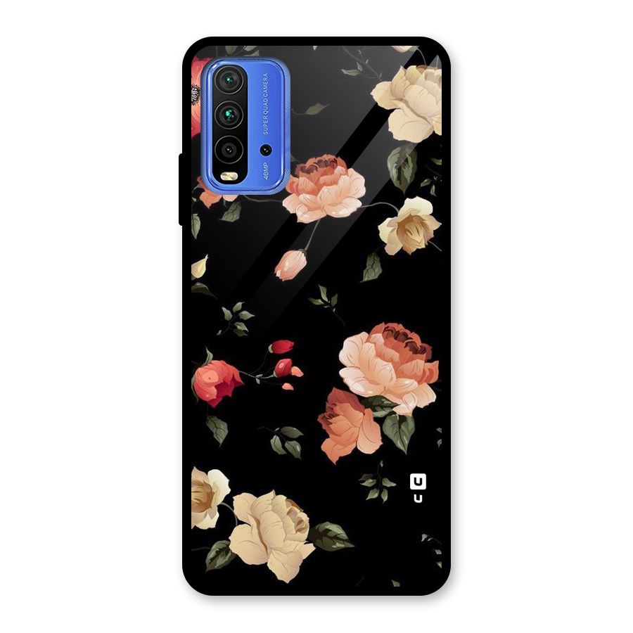 Black Artistic Floral Glass Back Case for Redmi 9 Power