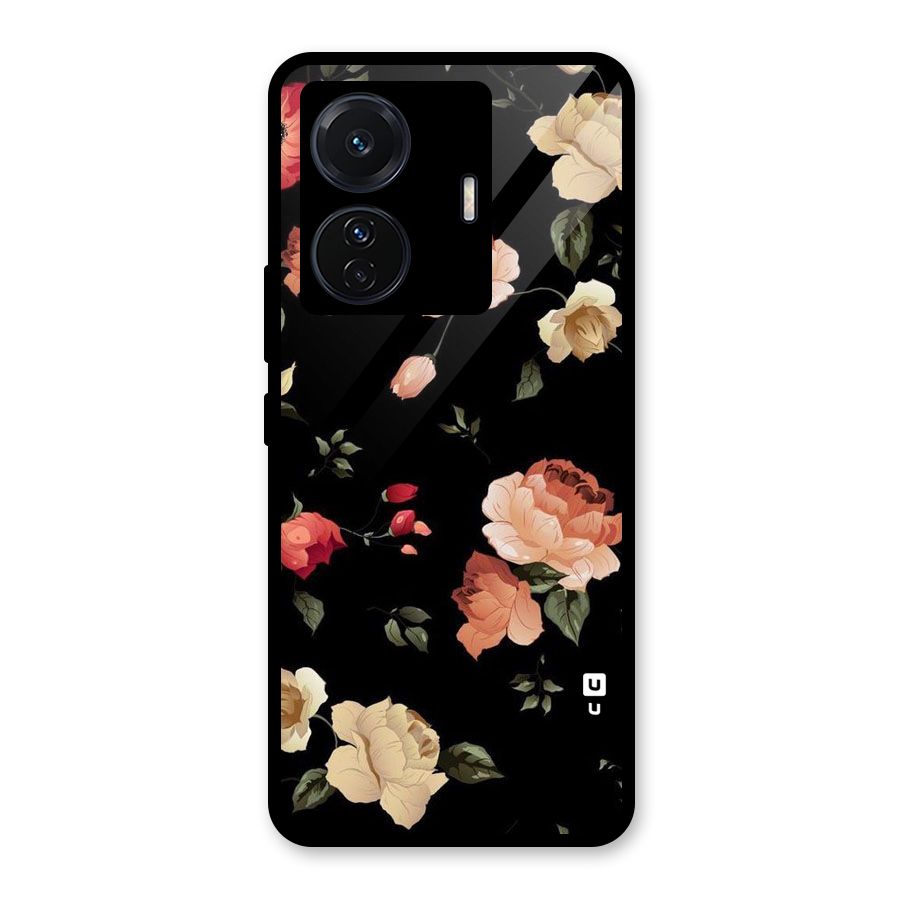 Black Artistic Floral Glass Back Case for Vivo T1 Pro