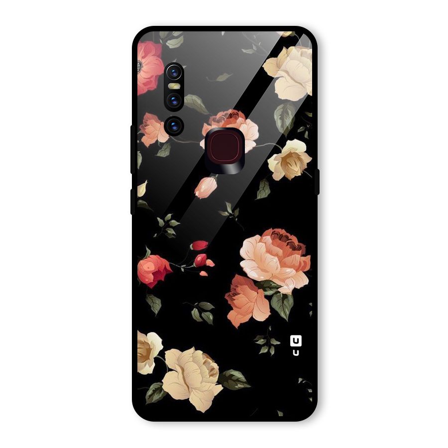 Black Artistic Floral Glass Back Case for Vivo V15