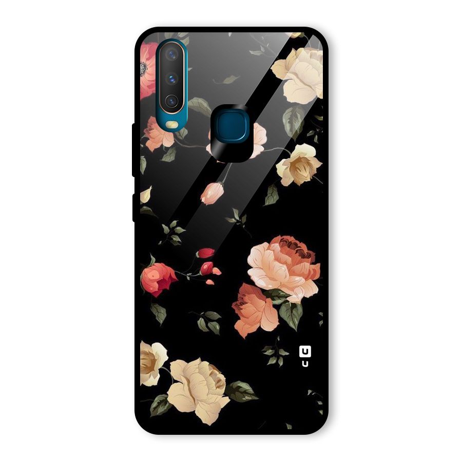 Black Artistic Floral Glass Back Case for Vivo Y15