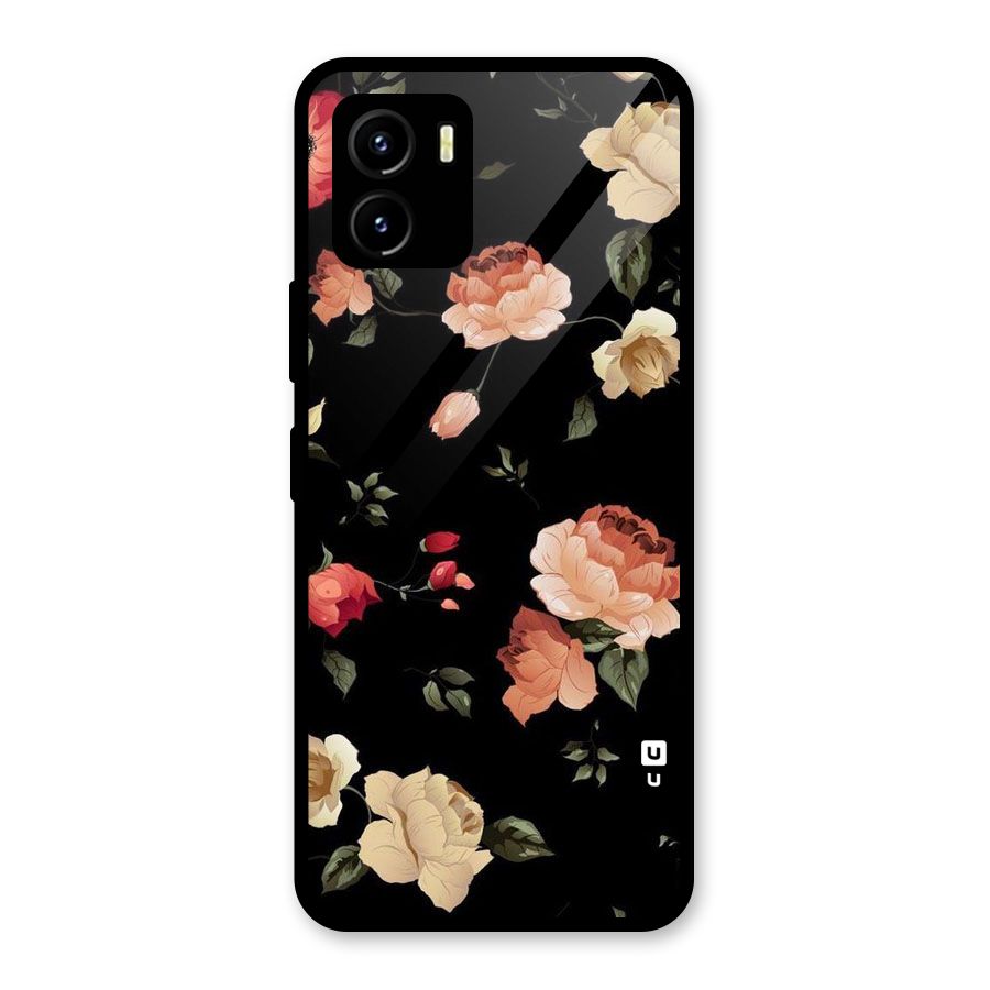 Black Artistic Floral Glass Back Case for Vivo Y15s