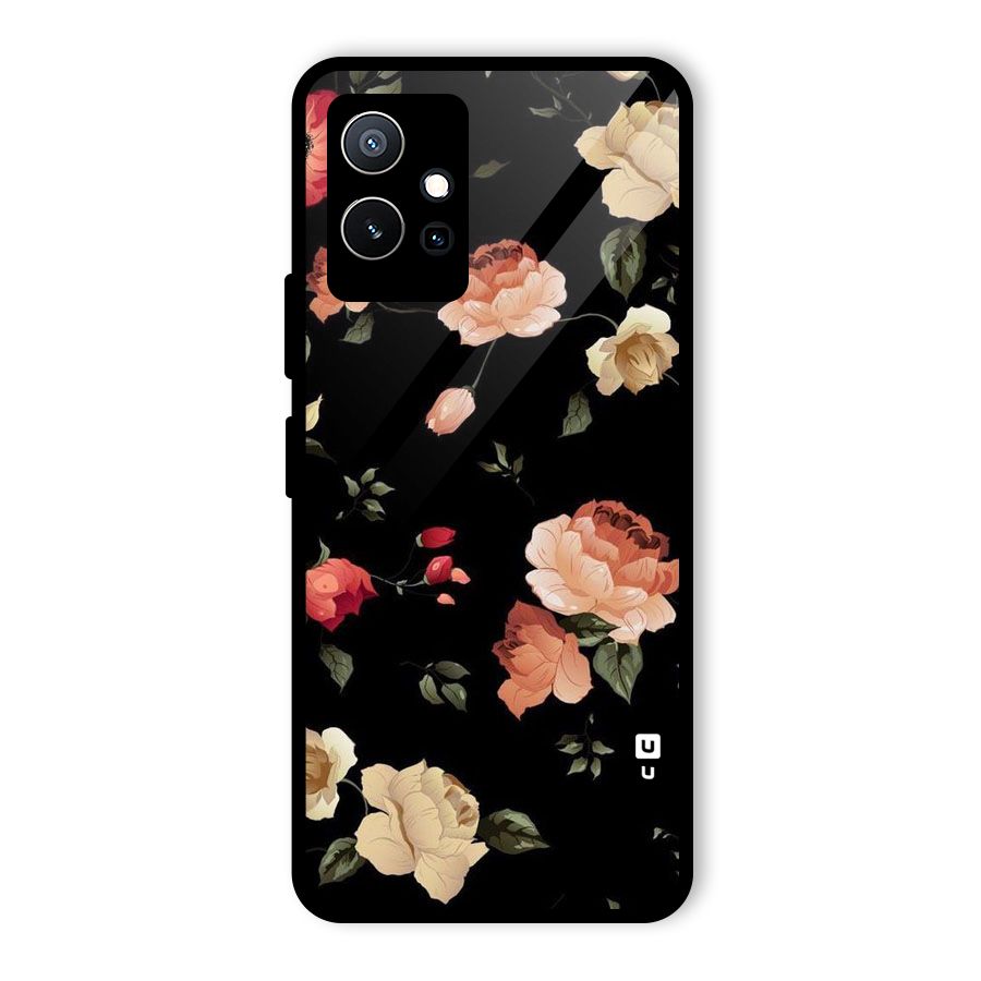 Black Artistic Floral Glass Back Case for Vivo Y75 5G