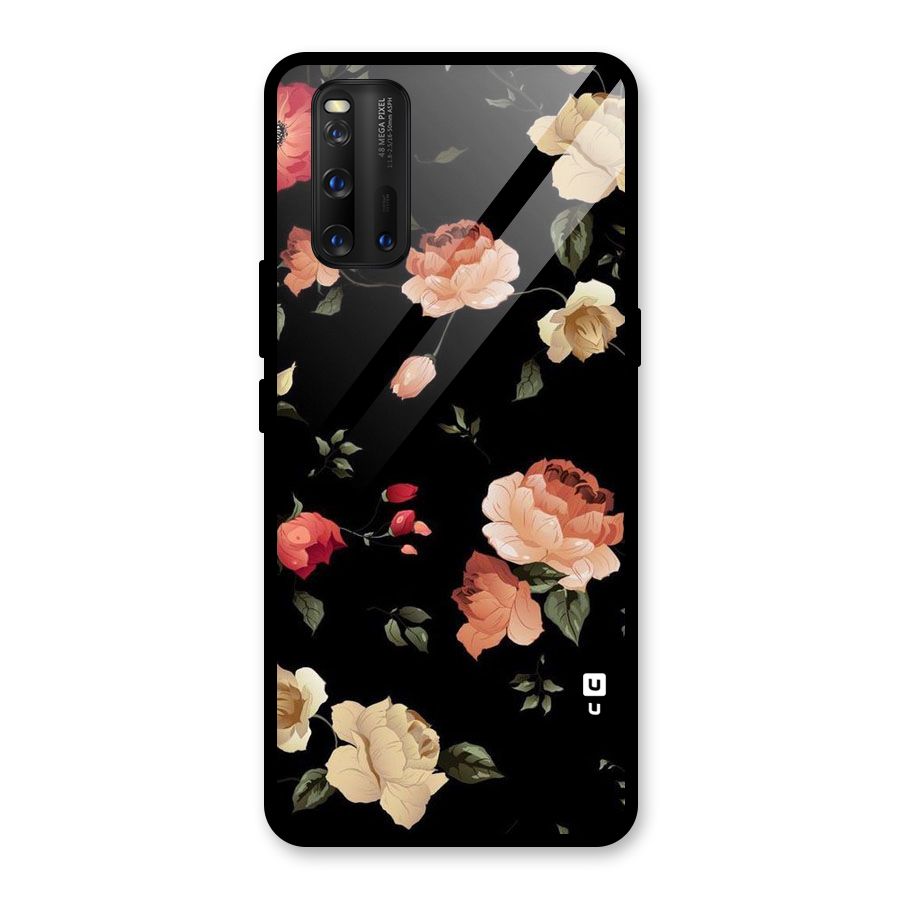Black Artistic Floral Glass Back Case for Vivo iQOO 3