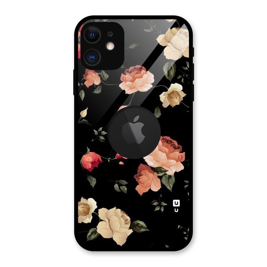 Black Artistic Floral Glass Back Case for iPhone 11 Logo Cut