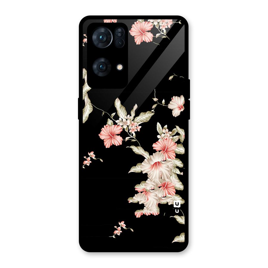 Black Floral Glass Back Case for Oppo Reno7 Pro 5G