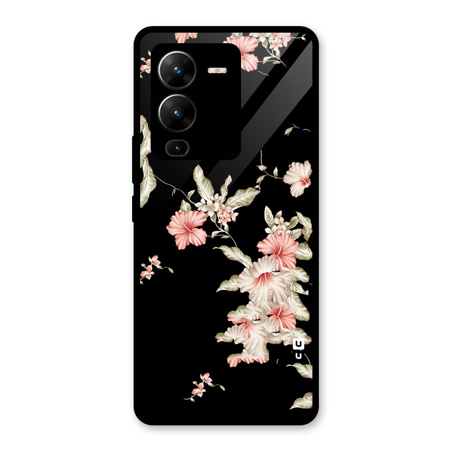 Black Floral Glass Back Case for Vivo V25 Pro
