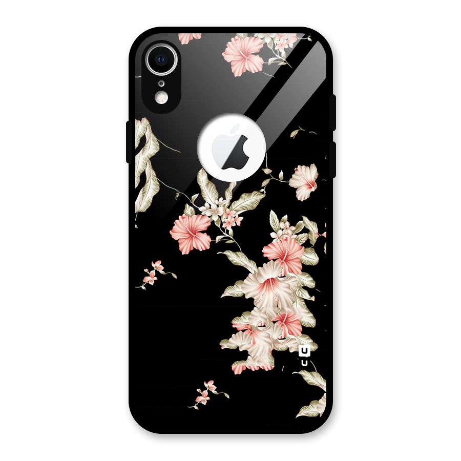 Black Floral Glass Back Case for iPhone XR Logo Cut