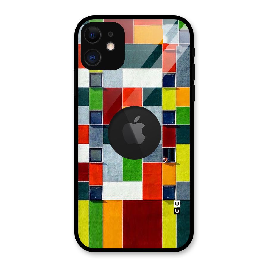 Block Color Design Glass Back Case for iPhone 11 Logo Cut
