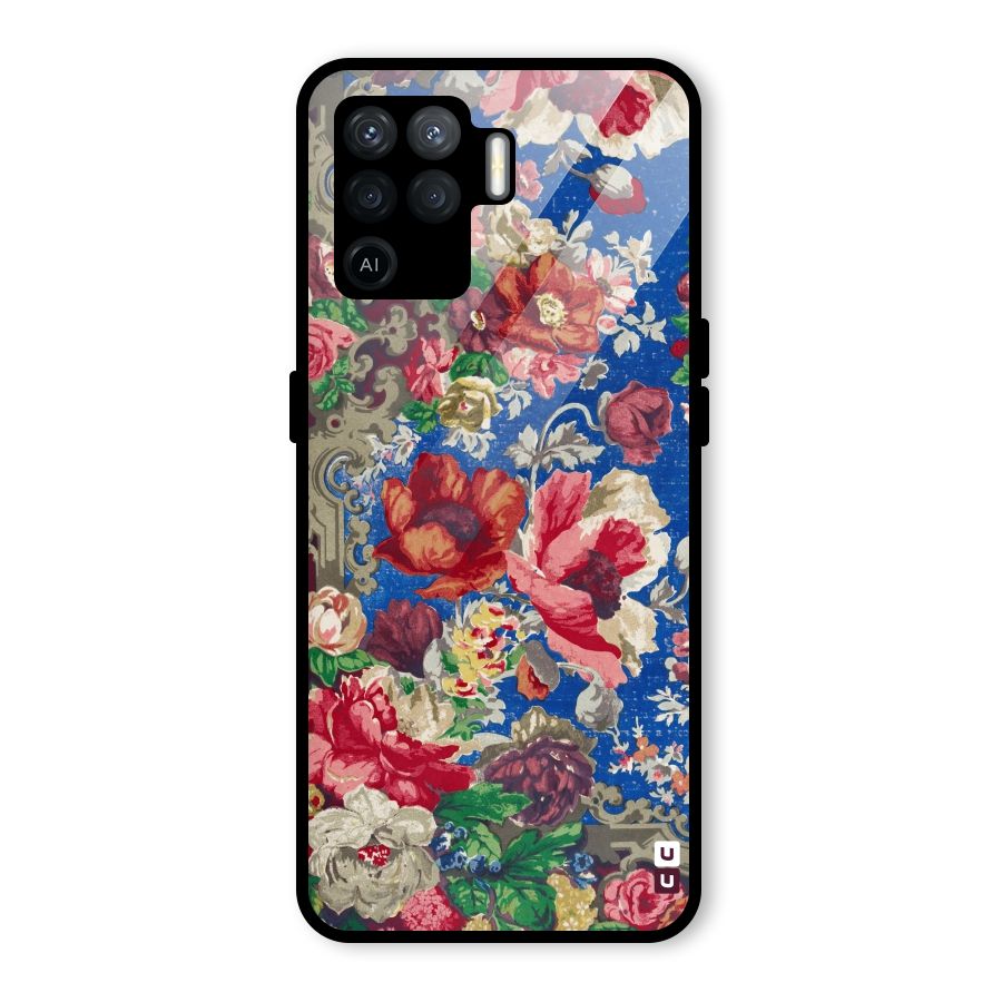 Block Printed Flowers Glass Back Case for Oppo F19 Pro