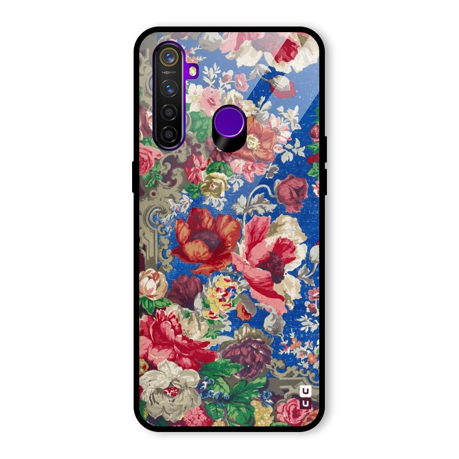 Block Printed Flowers Glass Back Case for Realme 5 Pro