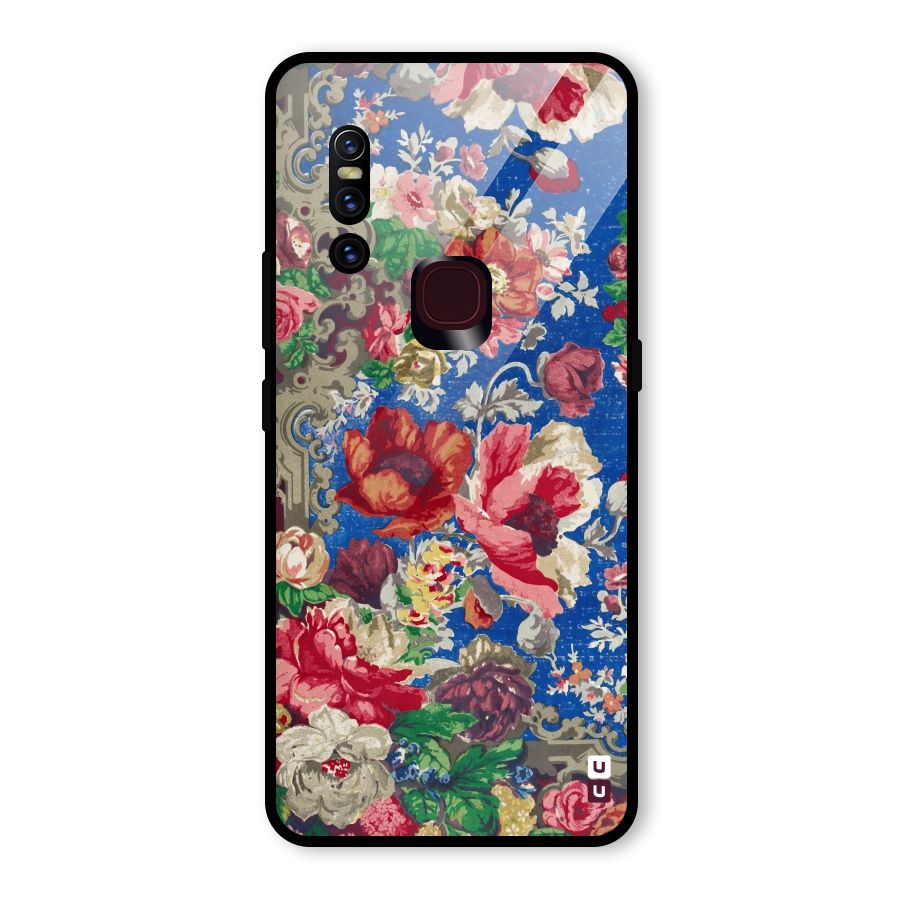 Block Printed Flowers Glass Back Case for Vivo V15