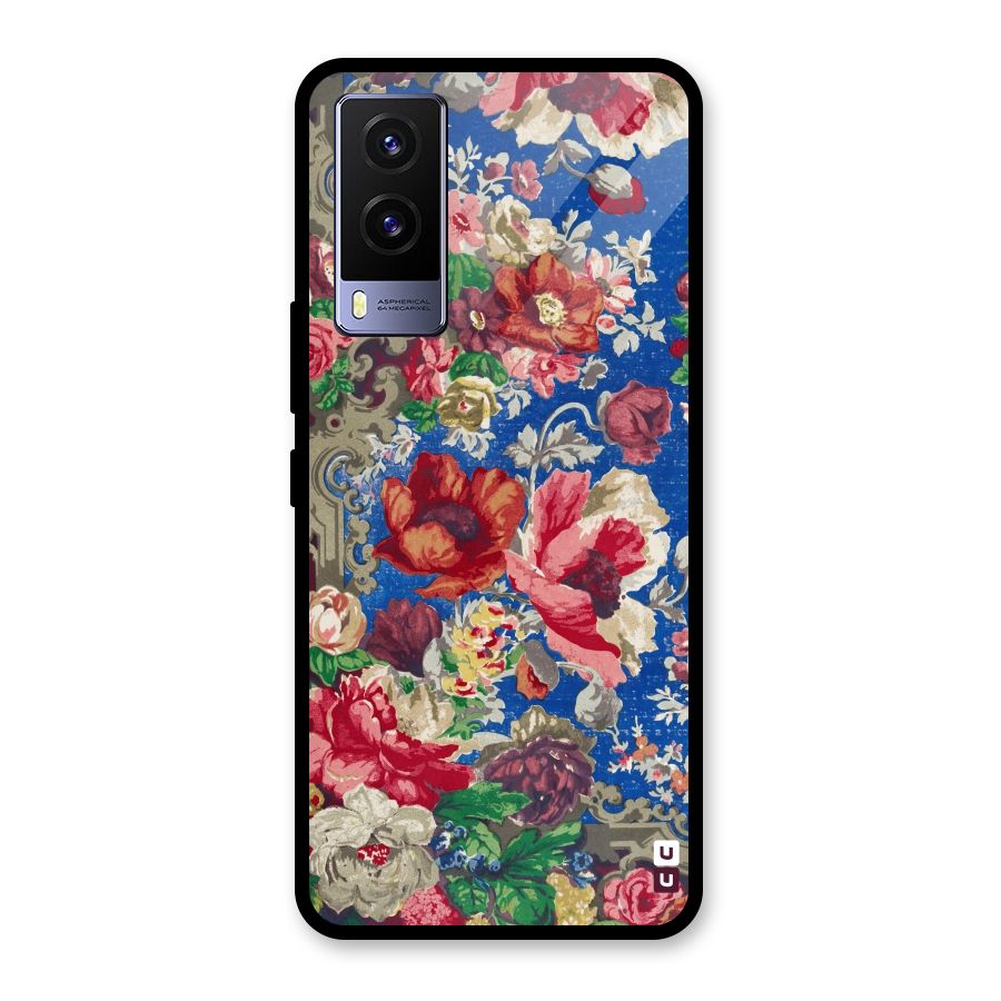 Block Printed Flowers Glass Back Case for Vivo V21e 5G