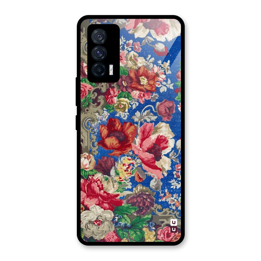 Block Printed Flowers Glass Back Case for Vivo iQOO 7 5G
