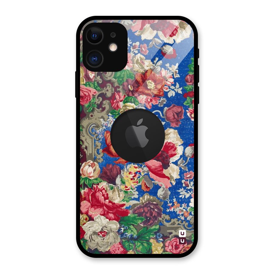 Block Printed Flowers Glass Back Case for iPhone 11 Logo Cut